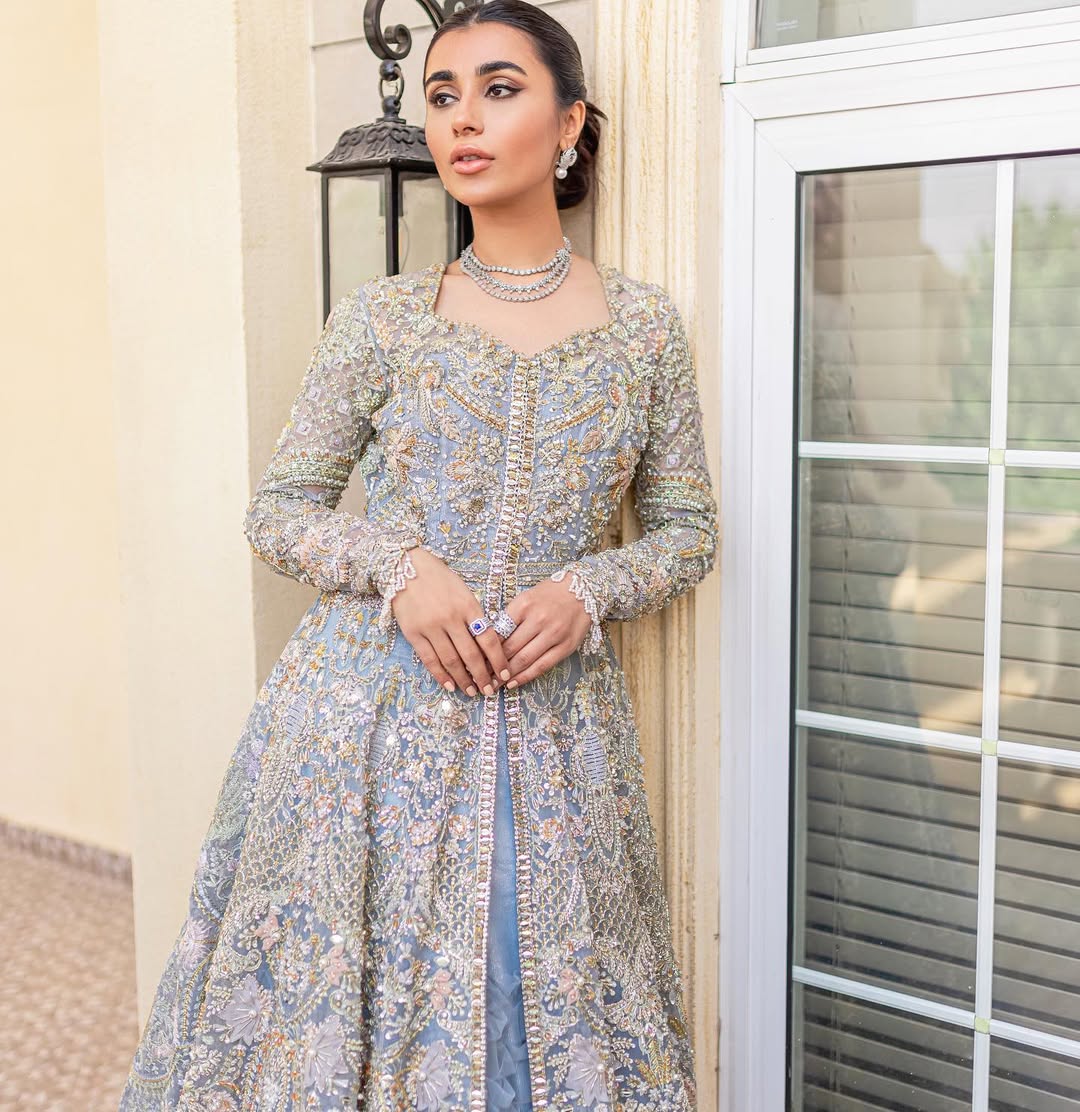 Elegant Ice Blue Pakistani Bridal Dress for Timeless Style