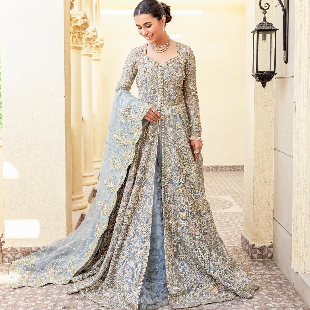 Exquisite Ice Blue Pakistani Bridal Dress for Elegance