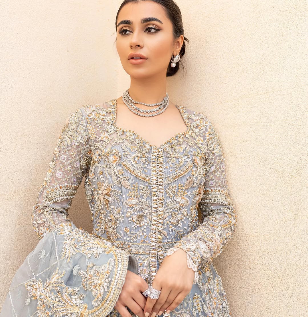Exquisite Ice Blue Pakistani Bridal Dress for Elegance