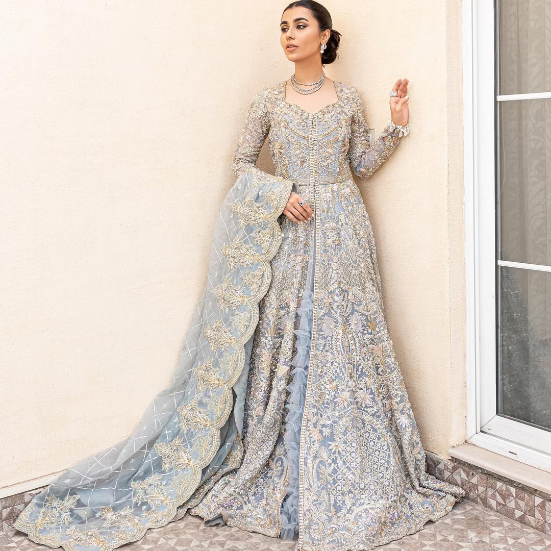 Exquisite Ice Blue Pakistani Bridal Dress for Elegance
