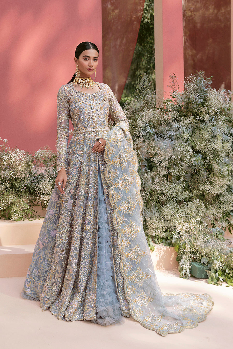 Elegant Ice Blue Pakistani Bridal Dress for Timeless Style