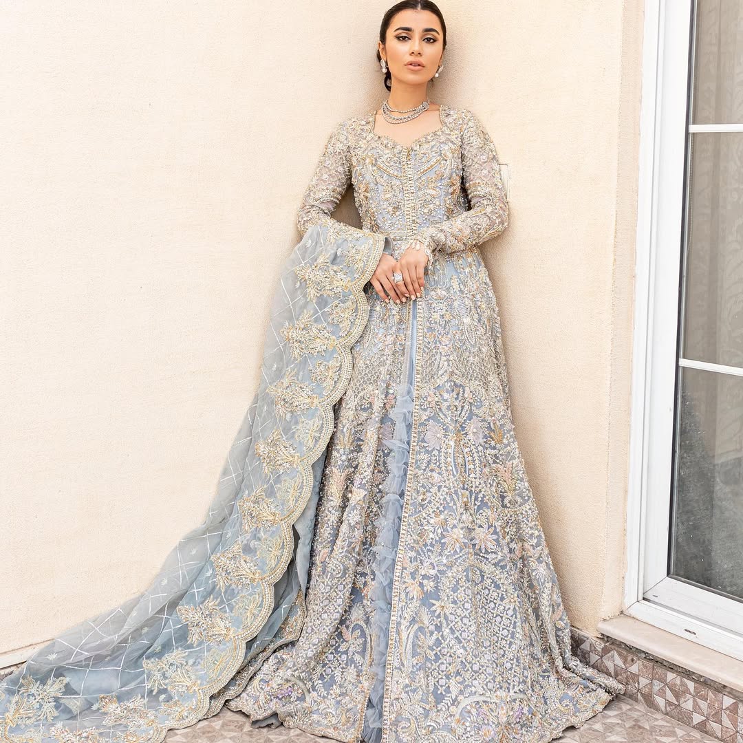 Exquisite Ice Blue Pakistani Bridal Dress for Elegance