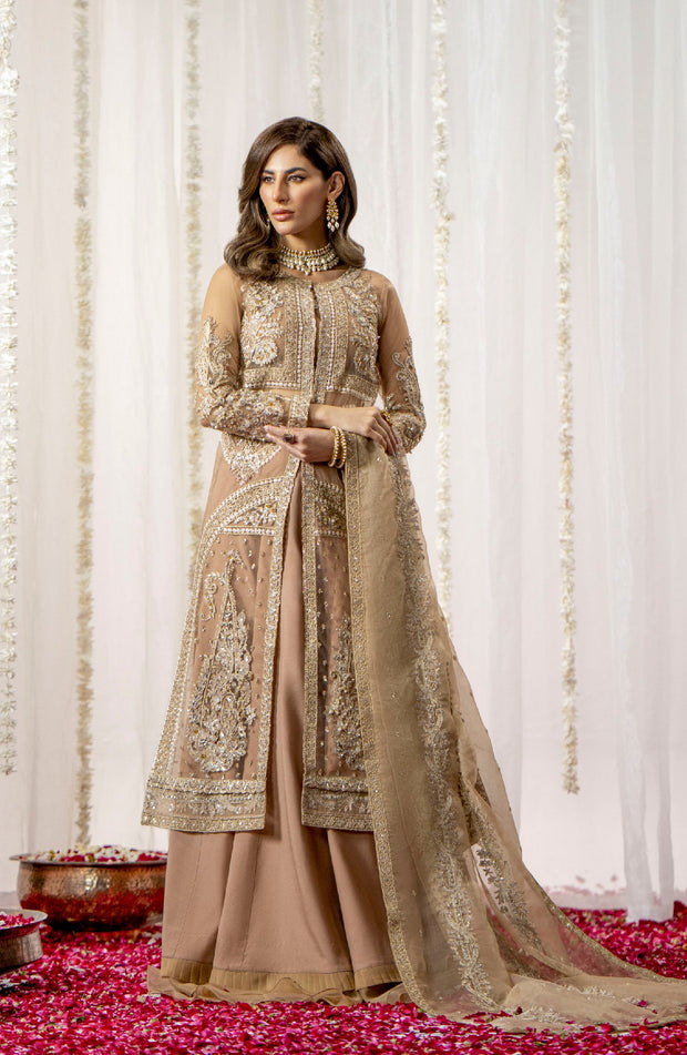 Luxury Beige Embroidered Pakistani Wedding Dress Gown Style Pishwas