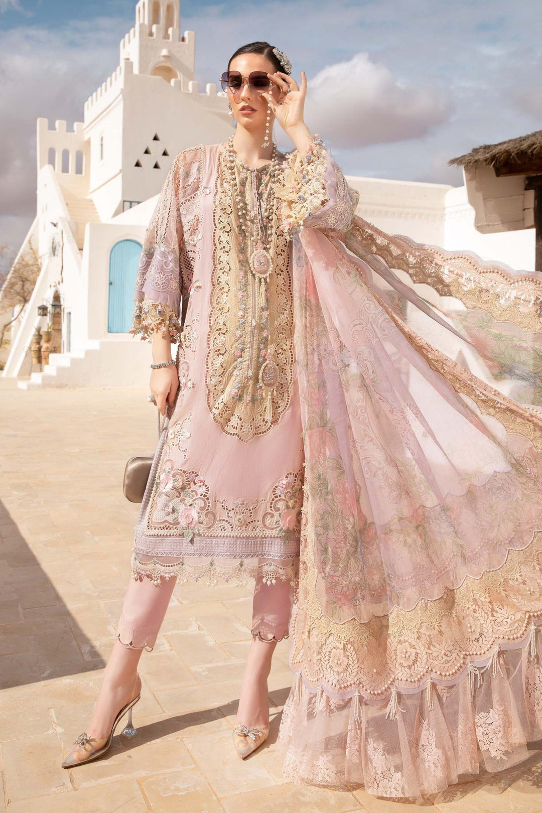 Luxury Beige Maria B Unstitch Lawn Pakistani Salwar Kameez