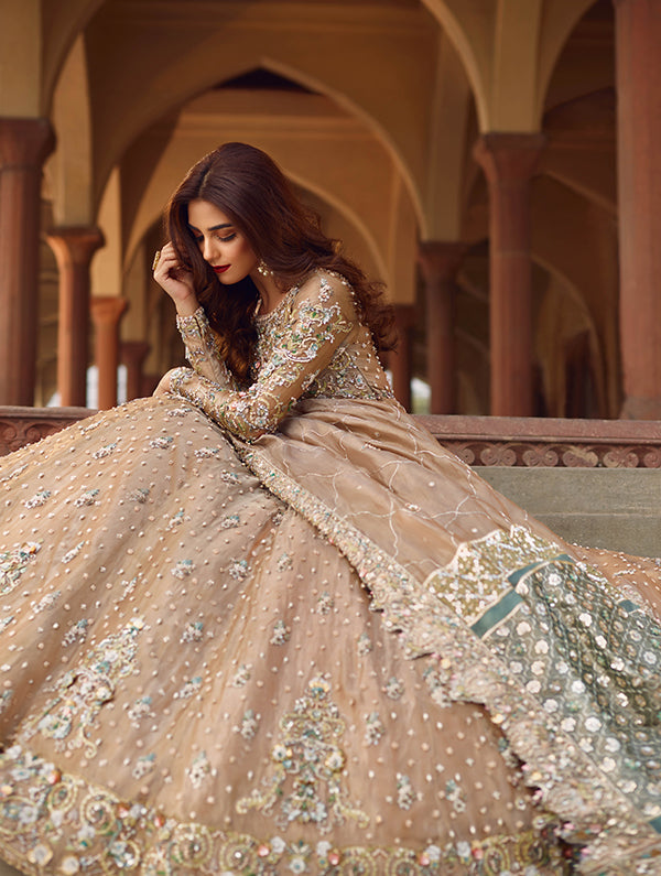 Luxury Embroidered Pakistani Bridal Dress in Beige Shade Long Frock Style Luxury Embroidered Pakistani Bridal Dress in Beige Shade Long Frock Style