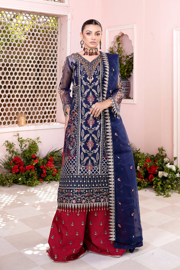 Luxury Blue Embroidered Pakistani Wedding Dress Salwar in Plazo Style