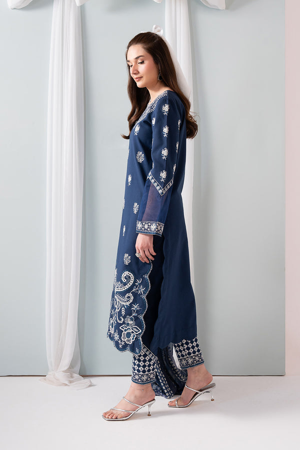 Luxury Blue Star Embroidered Silk Pakistani Kameez Dupatta