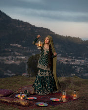Luxury Bottle Green Tilla Embellished Pakistani Bridal Dress Gharara For Women