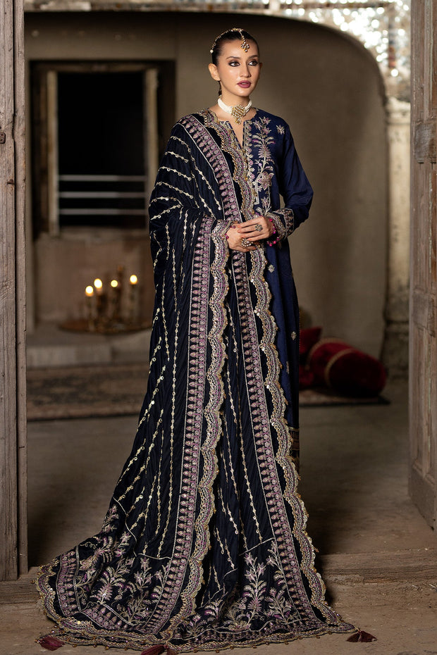 Luxury Dark Blue Embroidered Pakistani Wedding Dress in Long Frock Style