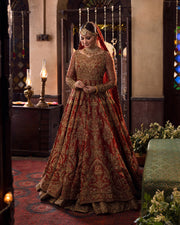 Luxury Deep Red Pishwas Lehenga Style Embroidered Pakistani Bridal Wear