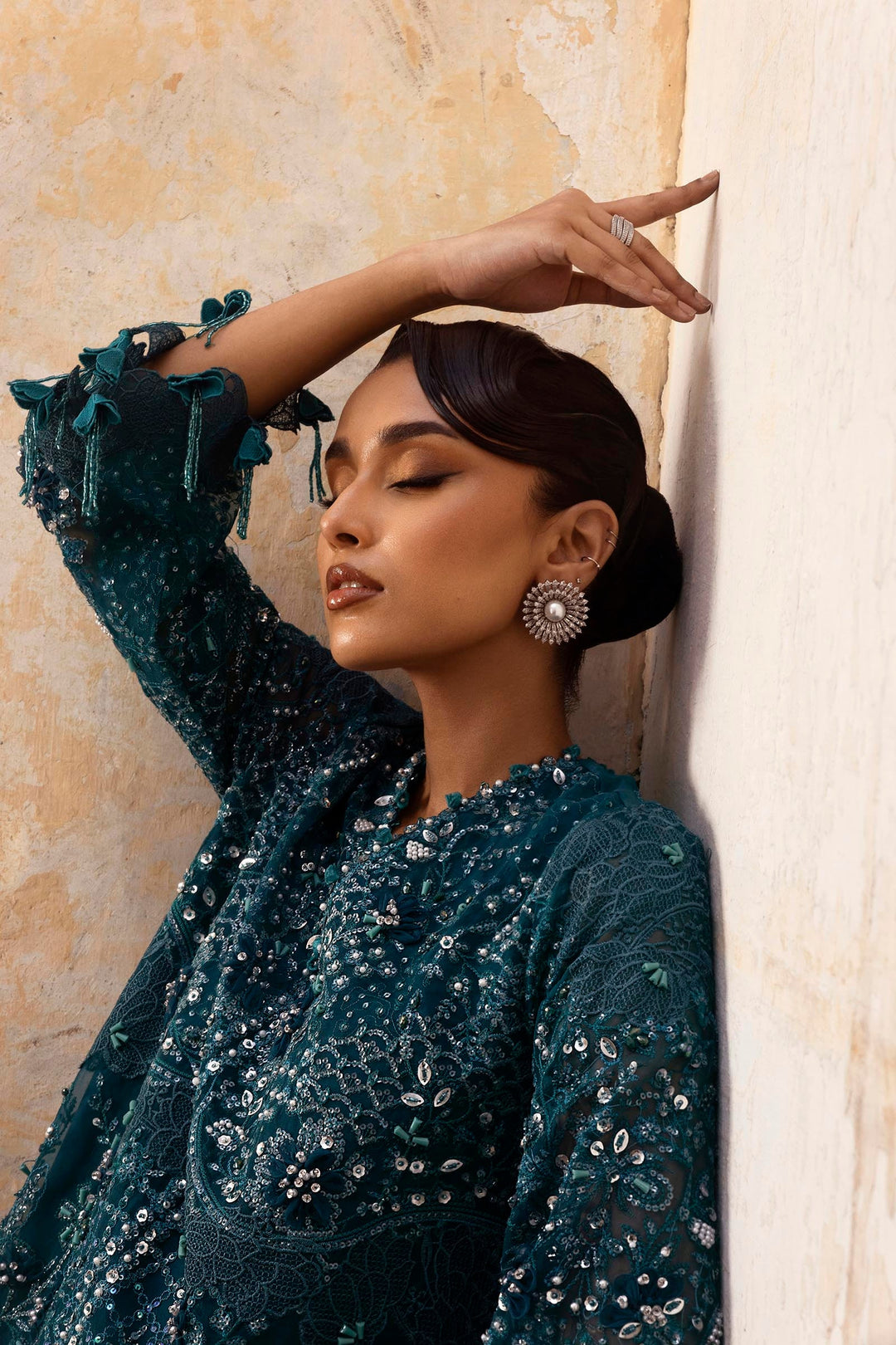 Embellished emerald green organza Pakistani Party Dress