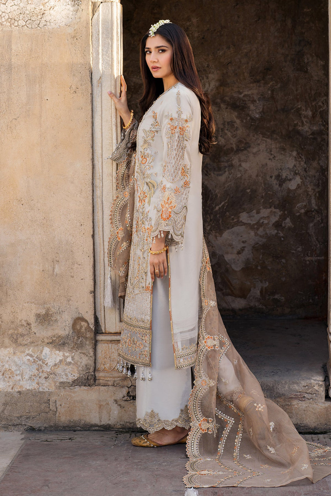 Luxury Embroidered Grey Pakistani Salwar Kameez with Dupatta
