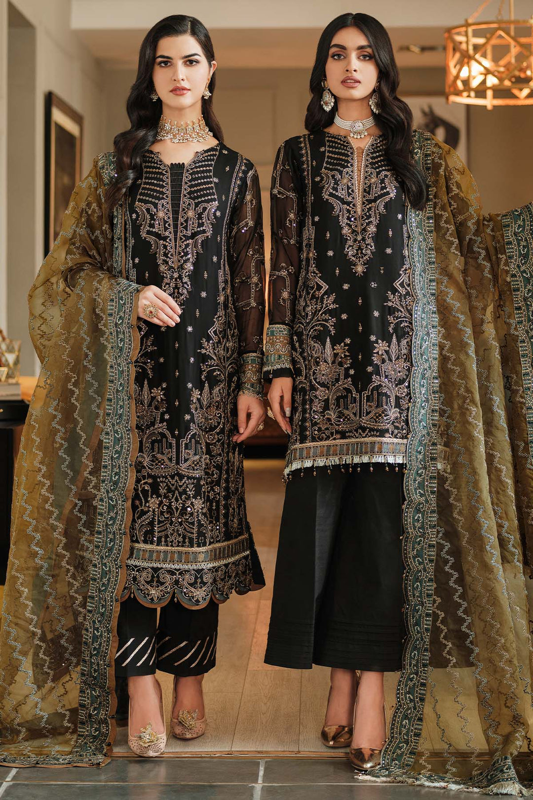 Luxury Golden Embroidered Black Pakistani Salwar kameez Dupatta