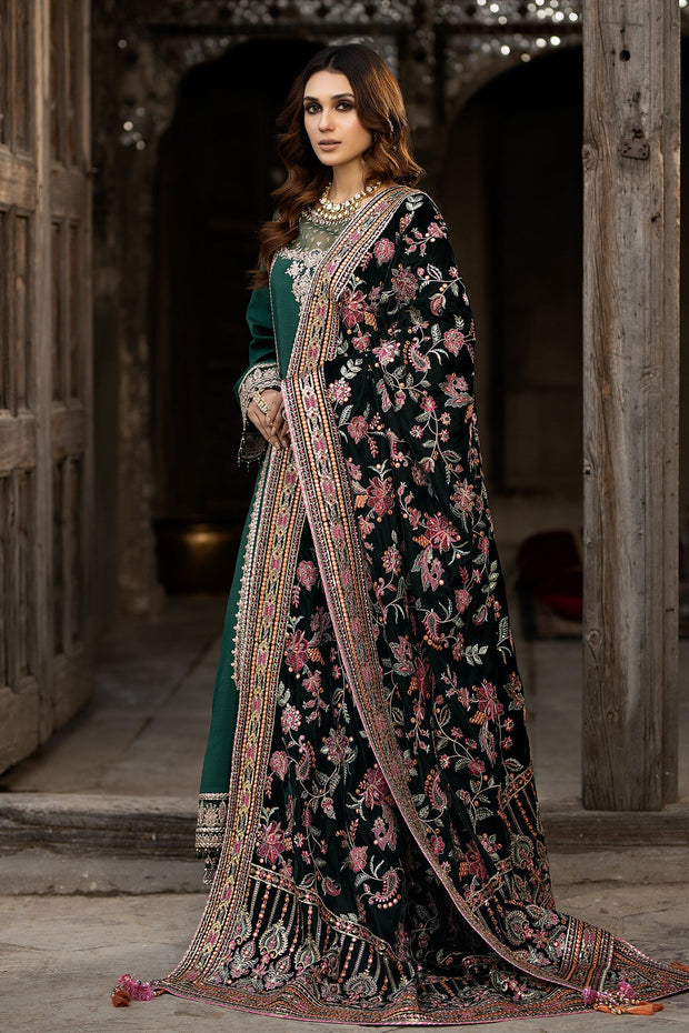 Luxury Green Embroidered Pakistani Wedding Frock with Velvet Shawl