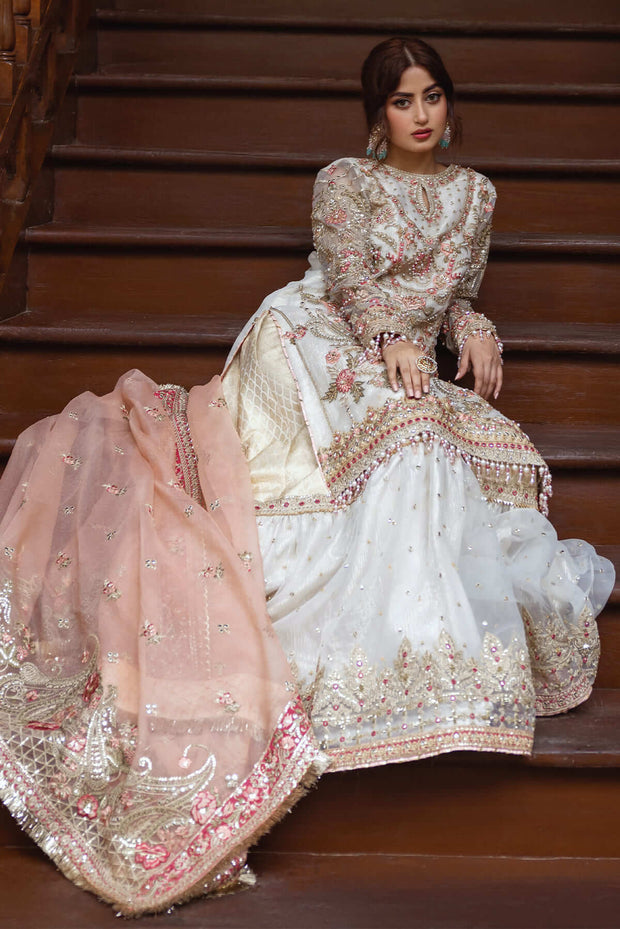 Luxury Ivory Gharara Heavily Embellished Pakistani Wedding Dress