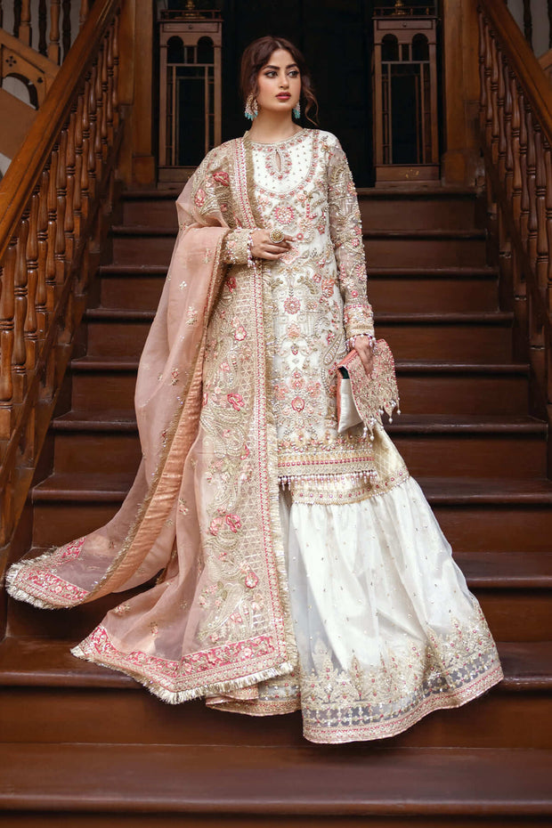 Luxury Ivory Kameez Gharara Heavily Embellished Pakistani Wedding Dress