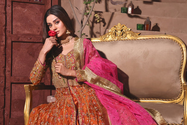 Luxury Mehndi Dress in Open Gown Lehenga Style