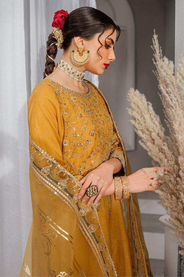 Luxury Mustard Yellow Pakistani Embroidered Frock Party Wear 2023