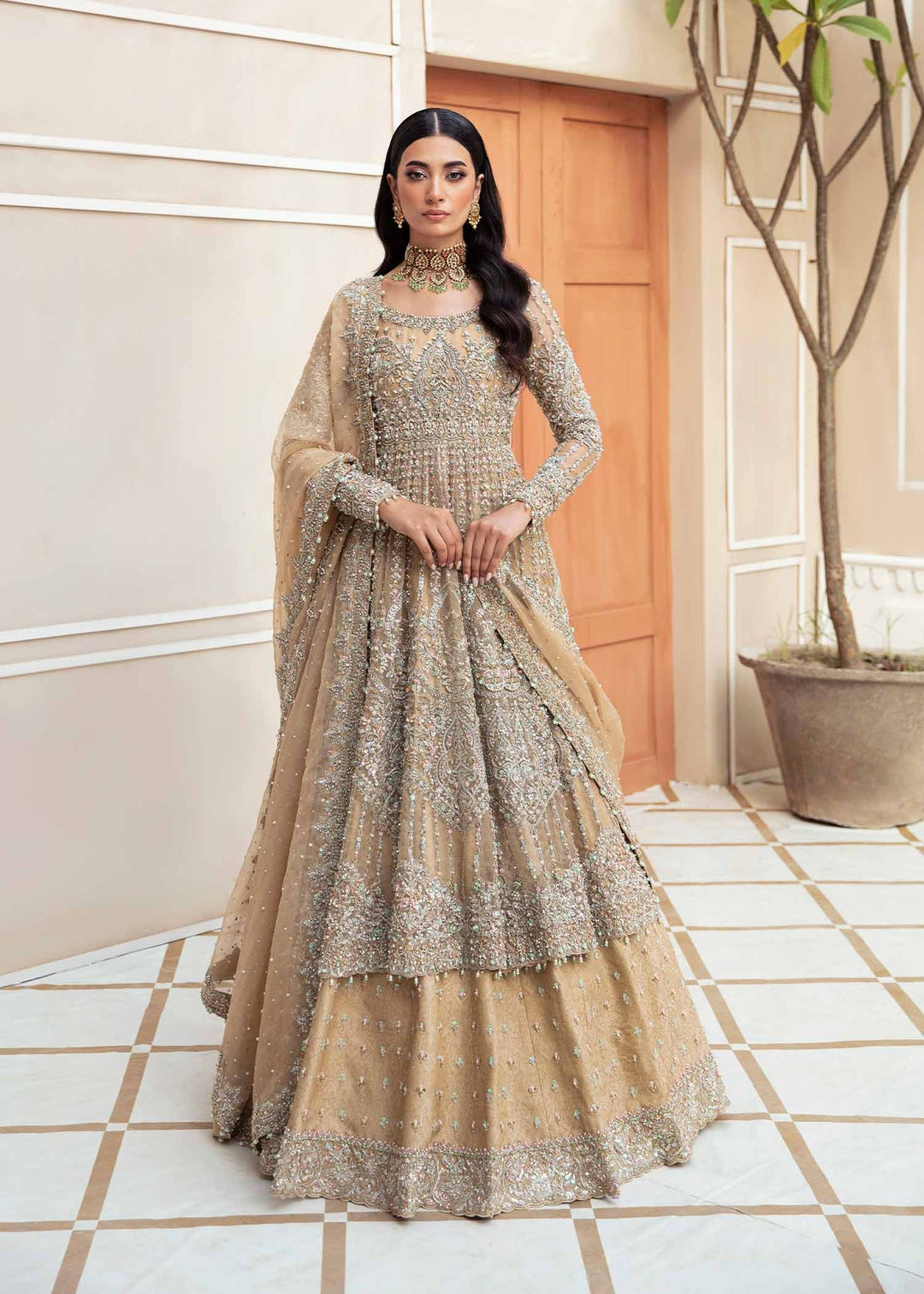 Luxury Nude Heavily Embellished Pakistani Wedding Dress Pishwas Lehenga