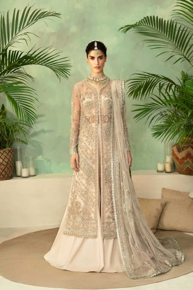 Luxury Pakistani Embroidered Wedding Dress in Beige Color