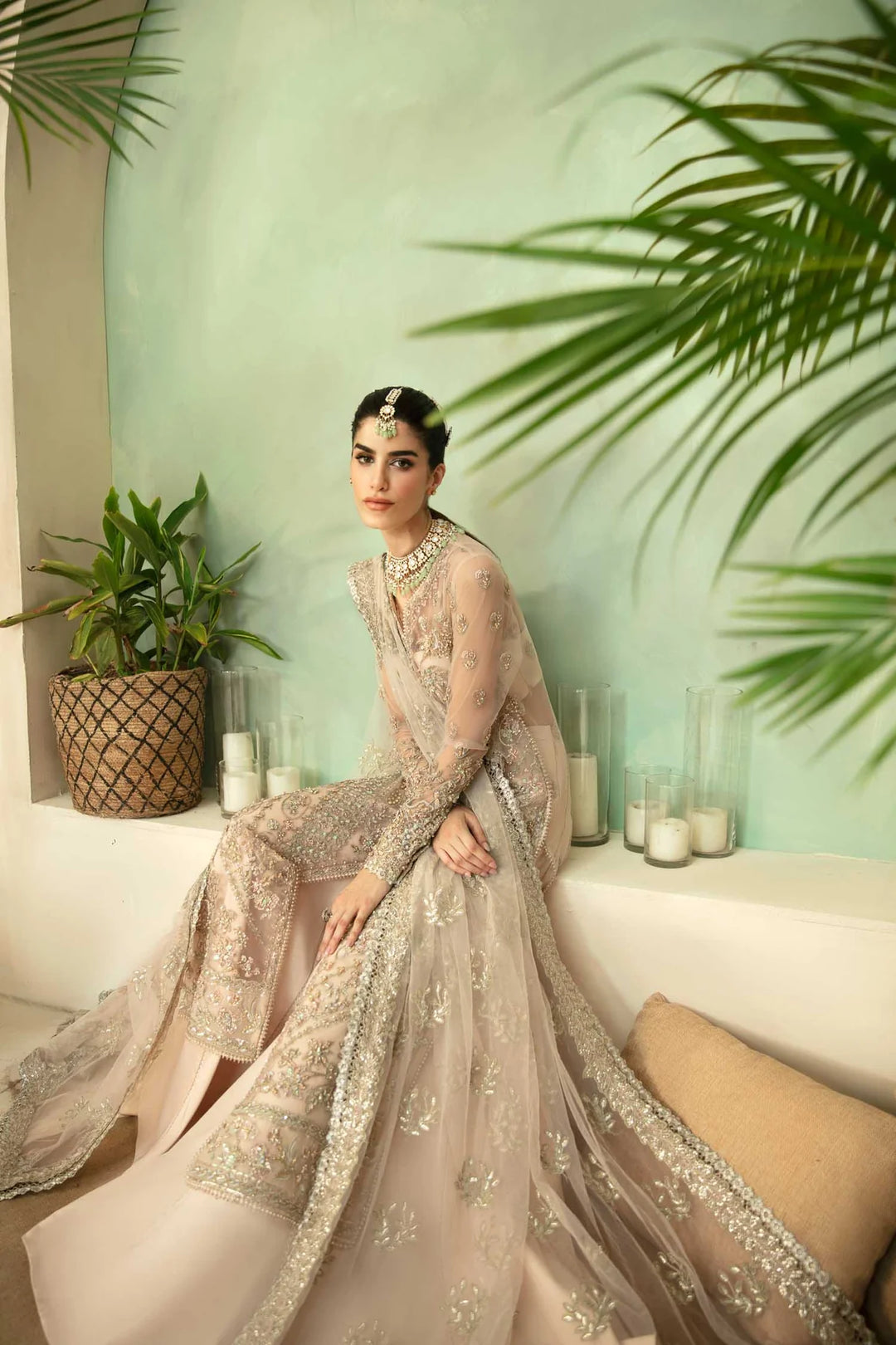 Luxury Pakistani Embroidered Wedding Dress in Beige Color