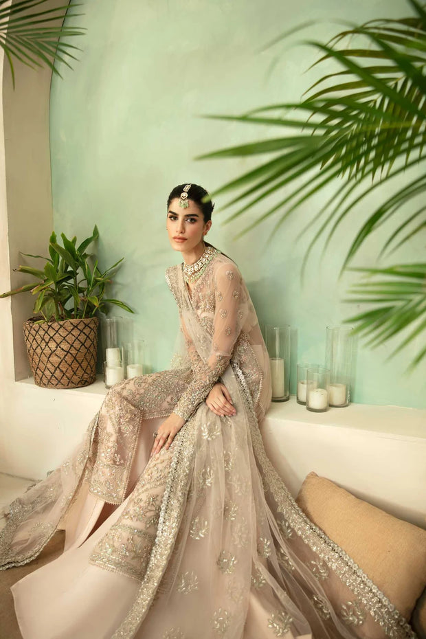 Luxury Pakistani Embroidered Wedding Dress in Beige Color