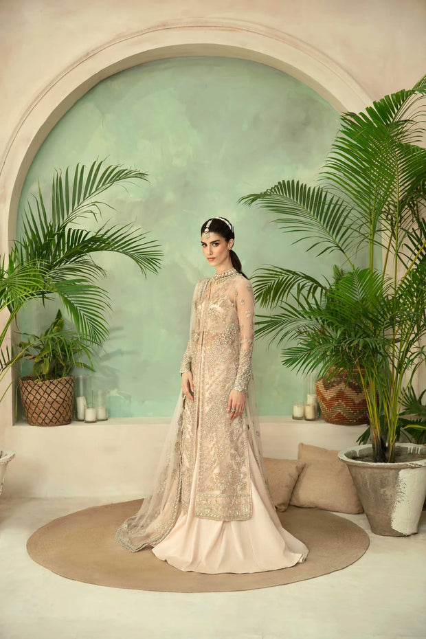 Luxury Pakistani Embroidered Wedding Dress in Beige Color