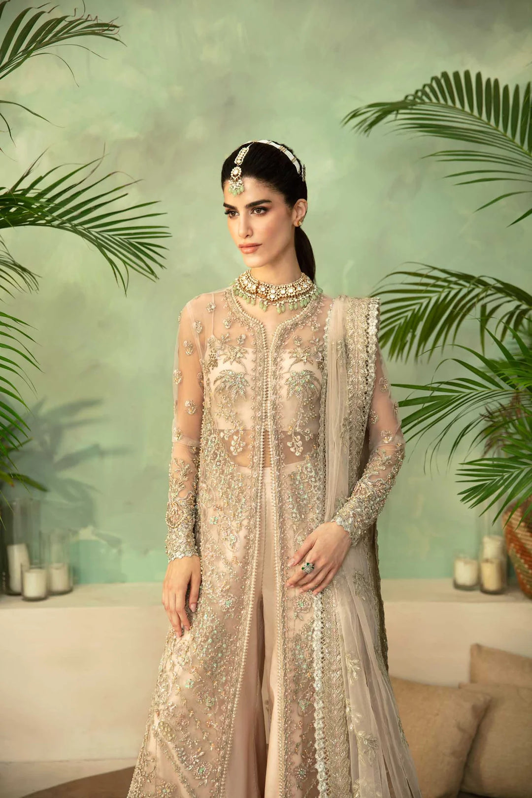 Luxury Pakistani Embroidered Wedding Dress in Beige Color