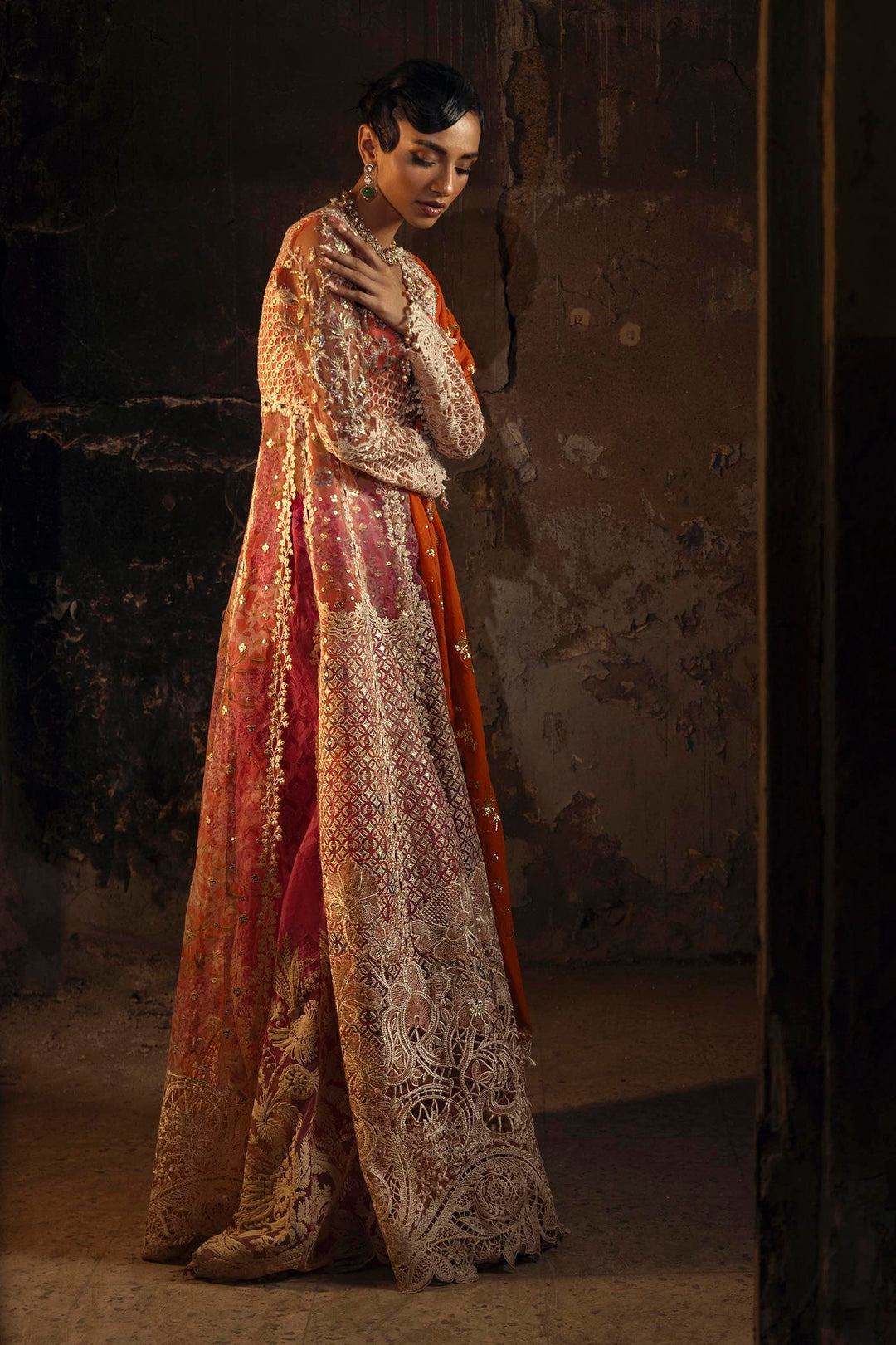 Peach & Fuchsia Embroidered Pakistani Party Dress