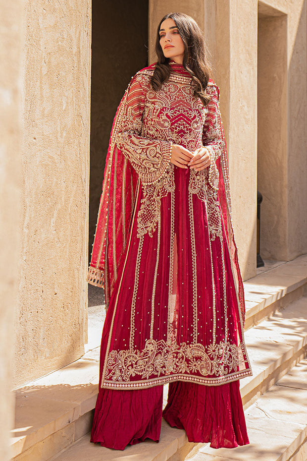 Luxury Red Pakistani Handwork Kameez and Crushed Trouser Dupatta
