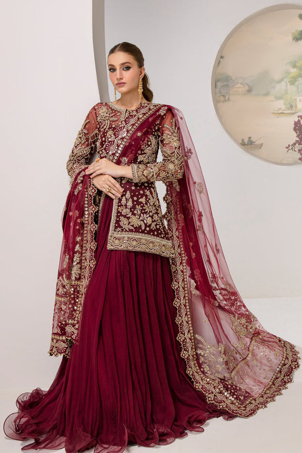 Luxury Rose Red Embroidered Kameez Lehenga Pakistani Wedding Dress