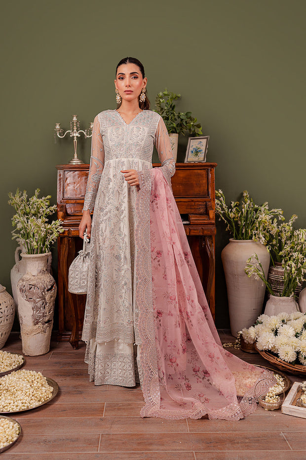 Luxury Silver Embroidered Pakistani Wedding Dress in Frock Trousers Style
