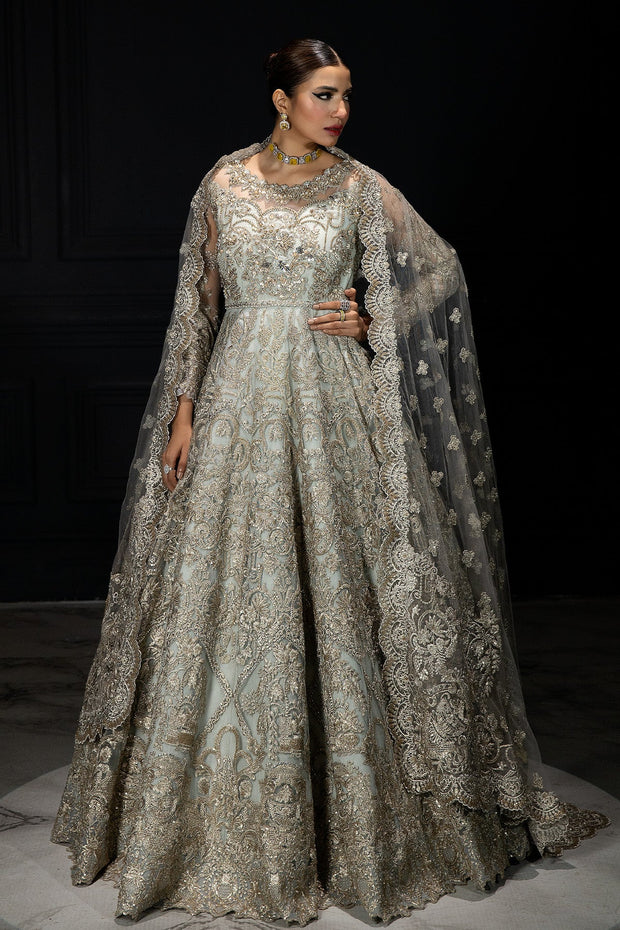 Luxury Sky Blue Silver Embroidered Pakistani Wedding Dress Pishwas