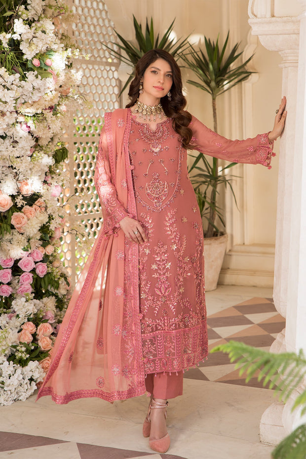 Luxury Tea Pink Embroidered Pakistani Salwar Kameez Dupatta Party Dress