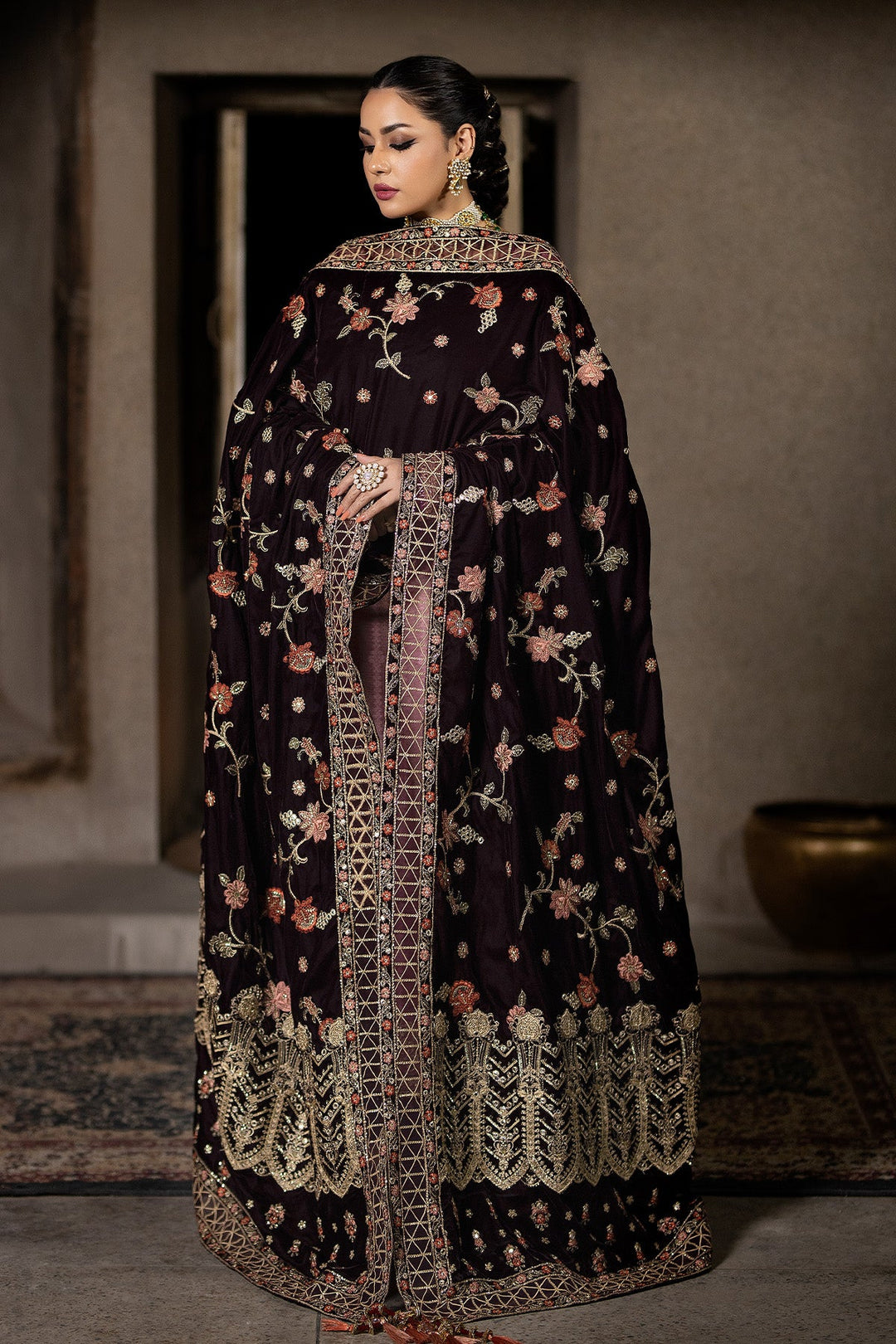 Luxury Tea Pink Embroidered Pakistani Wedding Dress with Velvet Shawl