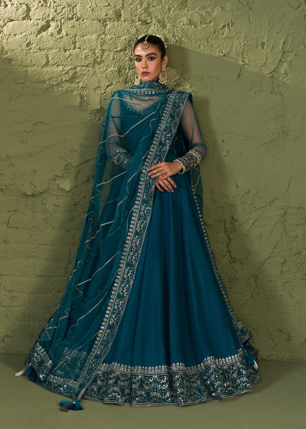 Luxury Teal Blue Pakistani Wedding Dress Long Pishwas and Dupatta