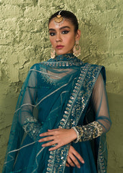 Luxury Teal Blue Pakistani Wedding Dress in Long Pishwas Dupatta
