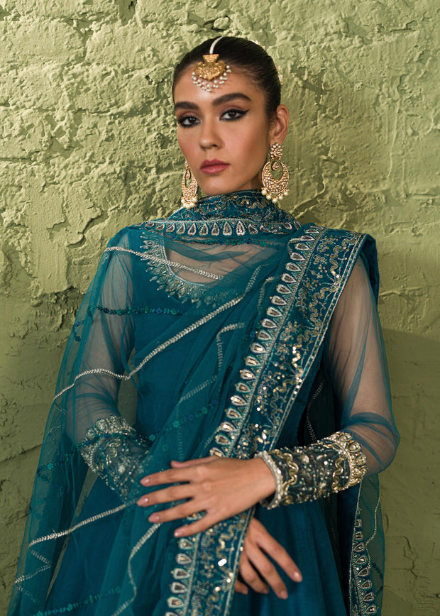 Luxury Teal Blue Pakistani Wedding Dress in Long Pishwas Dupatta