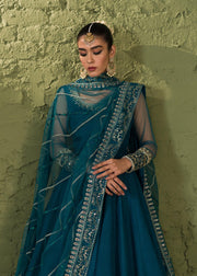 Luxury Teal Blue Pakistani Wedding Dress Pishwas and Dupatta
