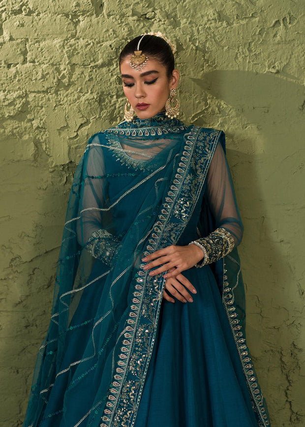 Luxury Teal Blue Pakistani Wedding Dress Pishwas and Dupatta