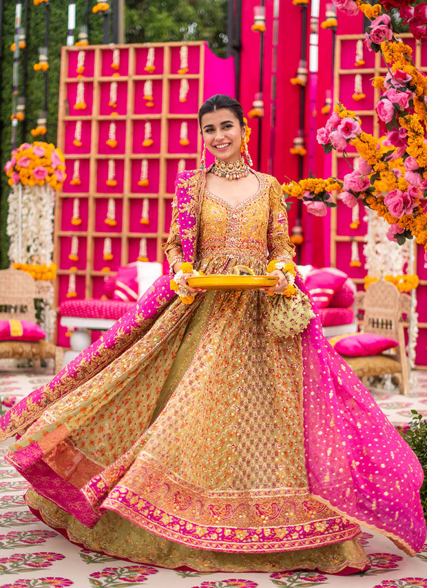 Luxury Yellow Magenta Shade Pakistani Bridal Dress in Kalidaar Style