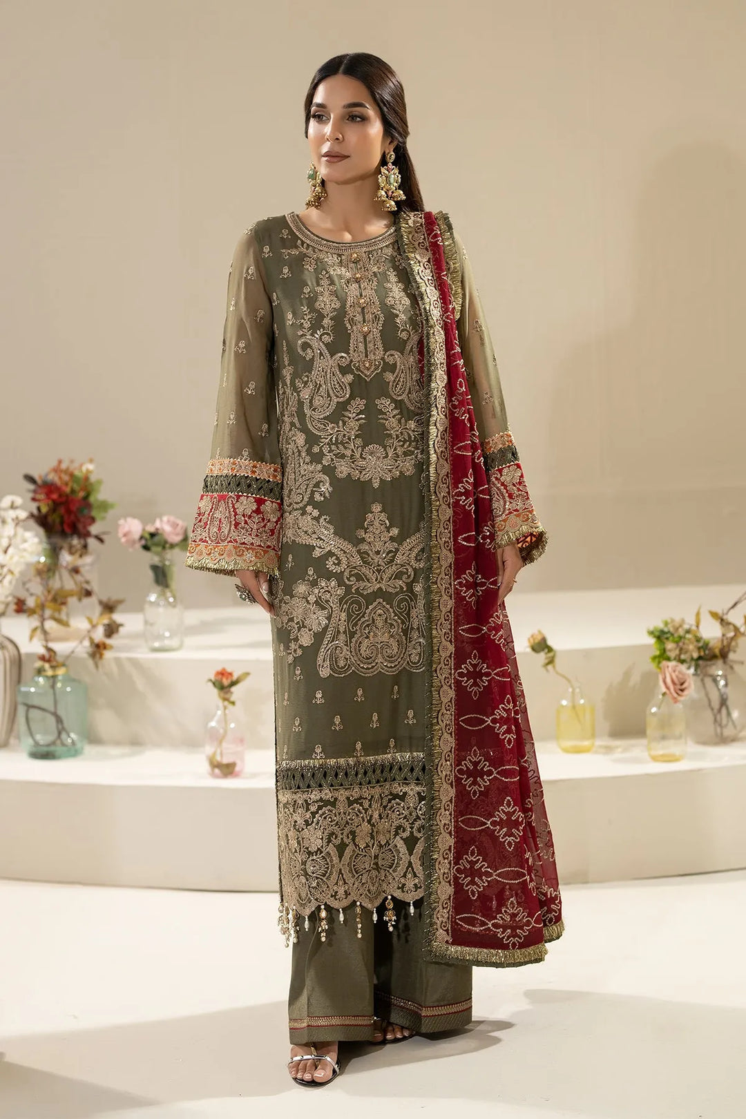 Embroidered Net Lehenga With Shawl