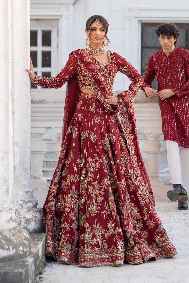 Premium Embroidered Pakistani Bridal Wear in Deep Red Color