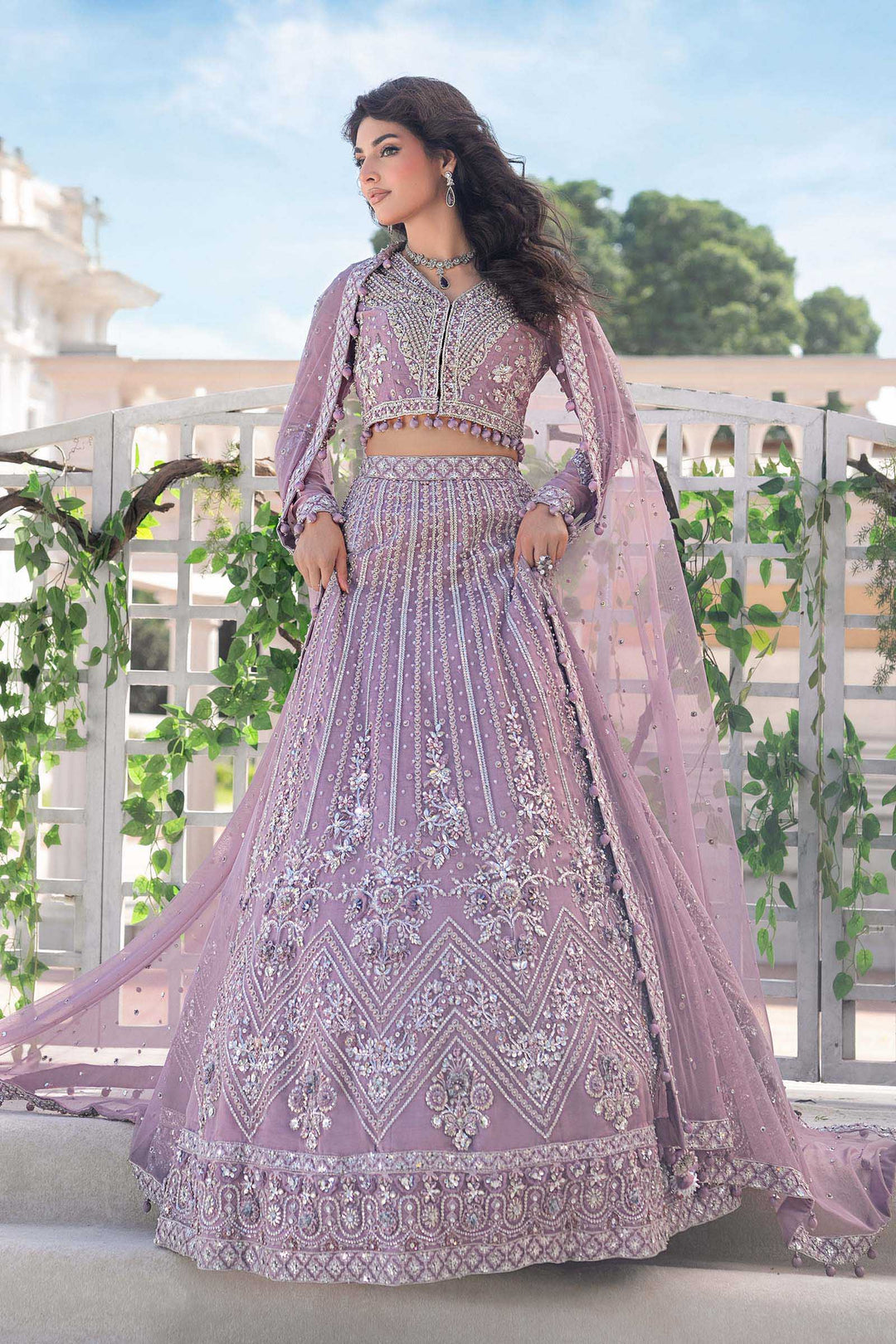 Elegant Embroidered Pakistani Bridal Wear in Lavender Color