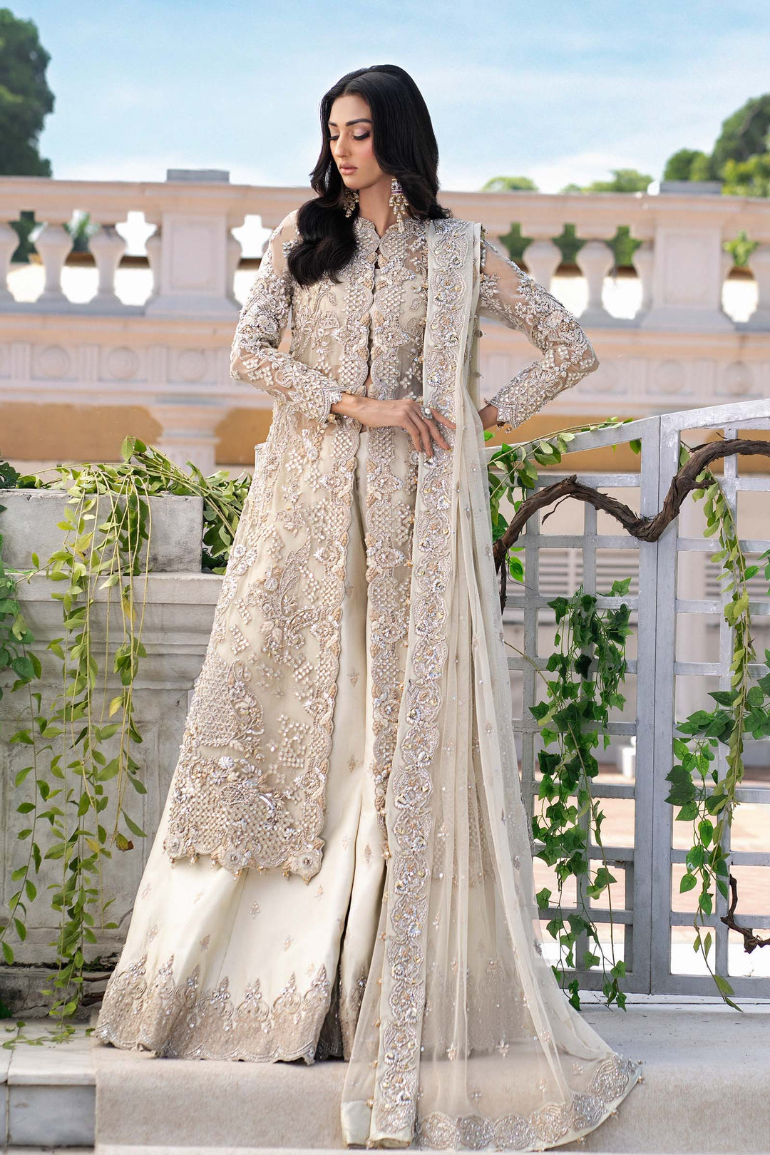 Elegant Embroidered Pakistani Bridal Outfit in Ivory Color