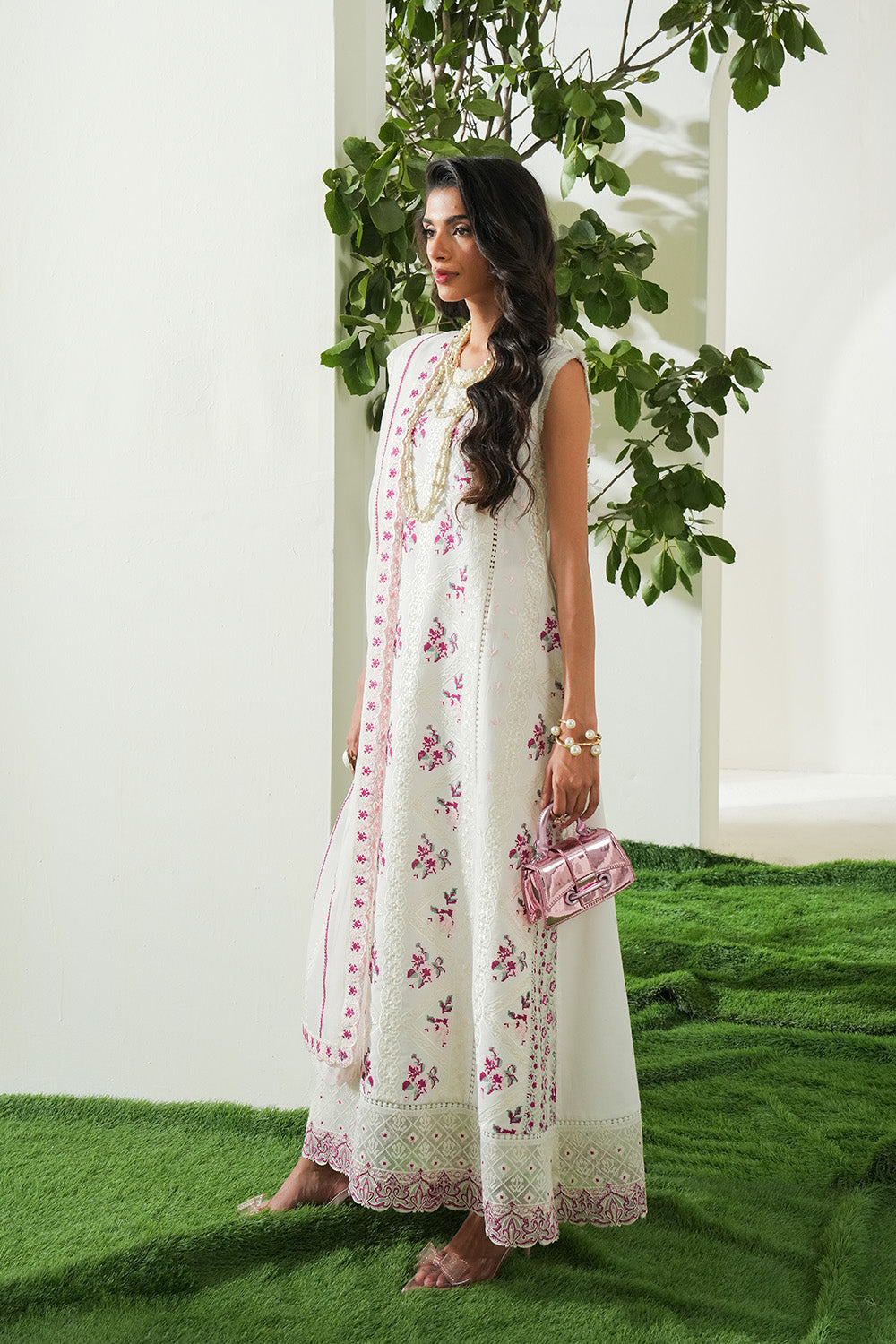 Off White Embroidered Lawn Ensemble Pakistani Designer Dress