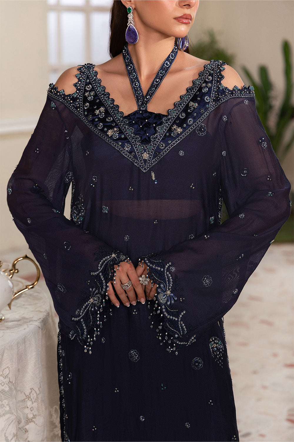 Beige Embroidered Organza Ensemble With Dupatta Pakistani Party