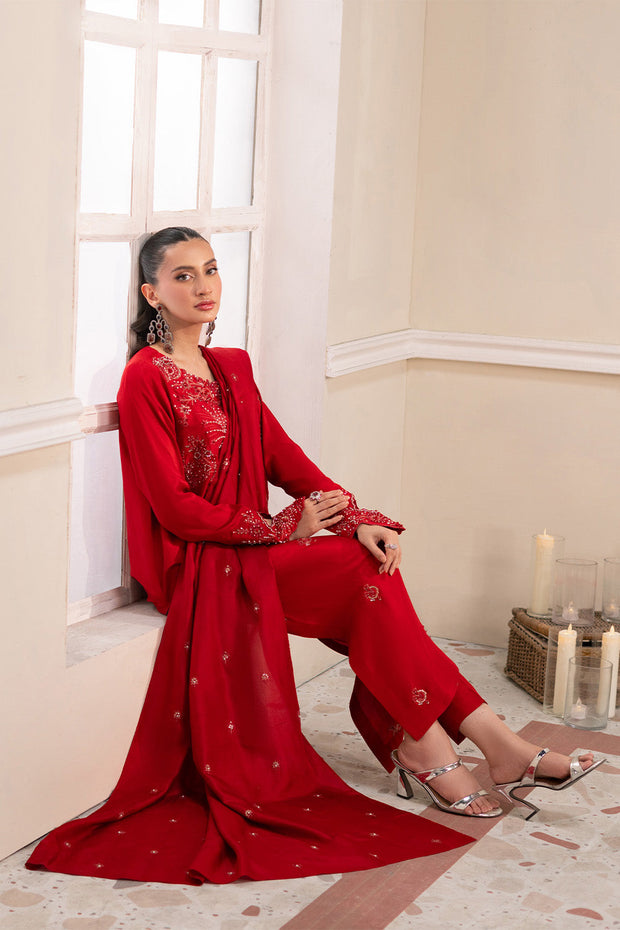 Red Embroidered Tissue Ensemble With Dupatta Pakistani Designer