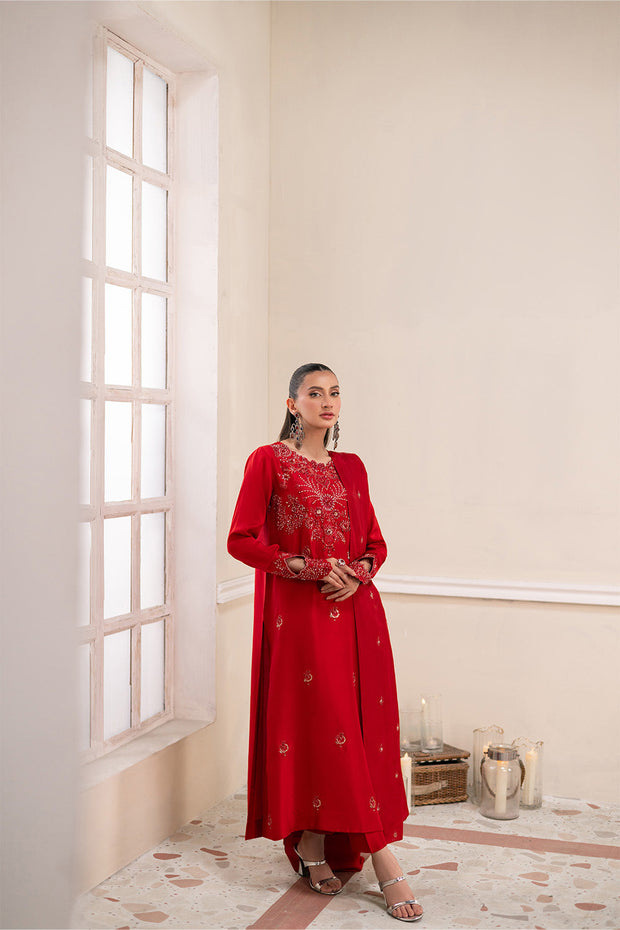 Red Embroidered Tissue Ensemble With Dupatta Pakistani Designer
