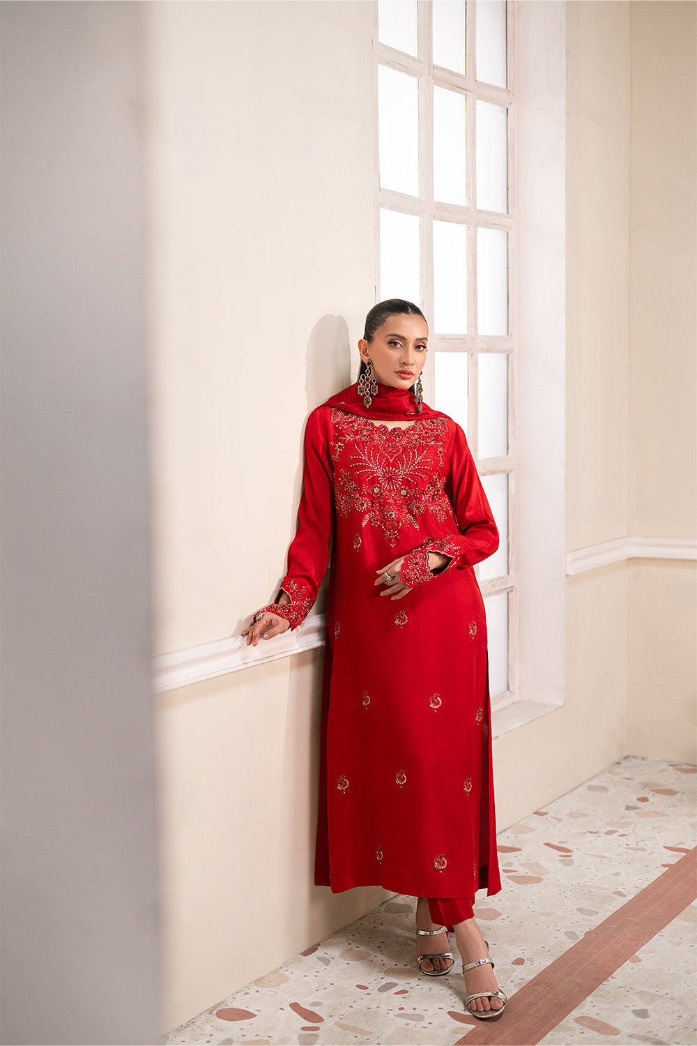 Red Embroidered Tissue Ensemble With Dupatta Pakistani Designer